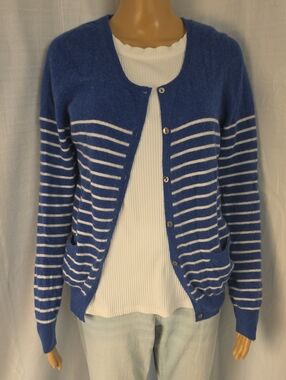 Lochmere Blue and White Striped 100% Cashmere Cardigan Sweater Size 12